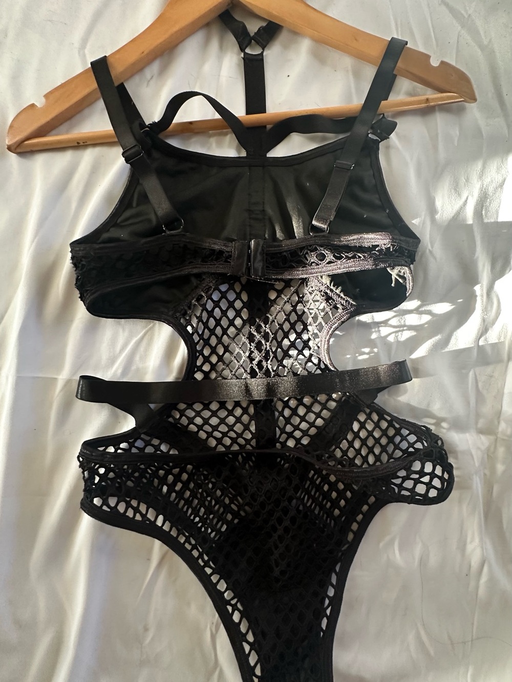 Black Strappy Fishnet One-Piece Bodysuit - Picture 4 of 4